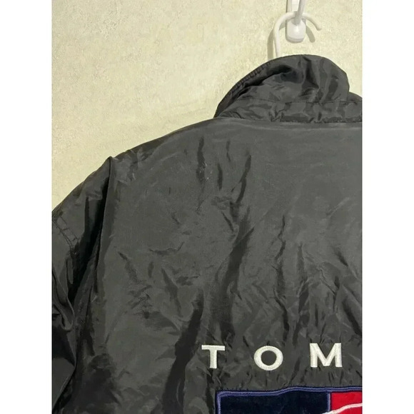 VTG TOMMY HILFIGER Mens Black Nylon Jacket Fleece Lined Medium Spellout Y2k READ - Picture 13 of 15
